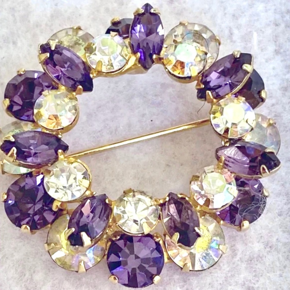 Aurora Borealis and Purple Rhinestone Brooch Vintage